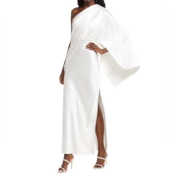 Significant Other Dresses & Skirts - Significant Other Kelsie One-shoulder Cape Ivory Satin Prom Gown Women’s Size 8